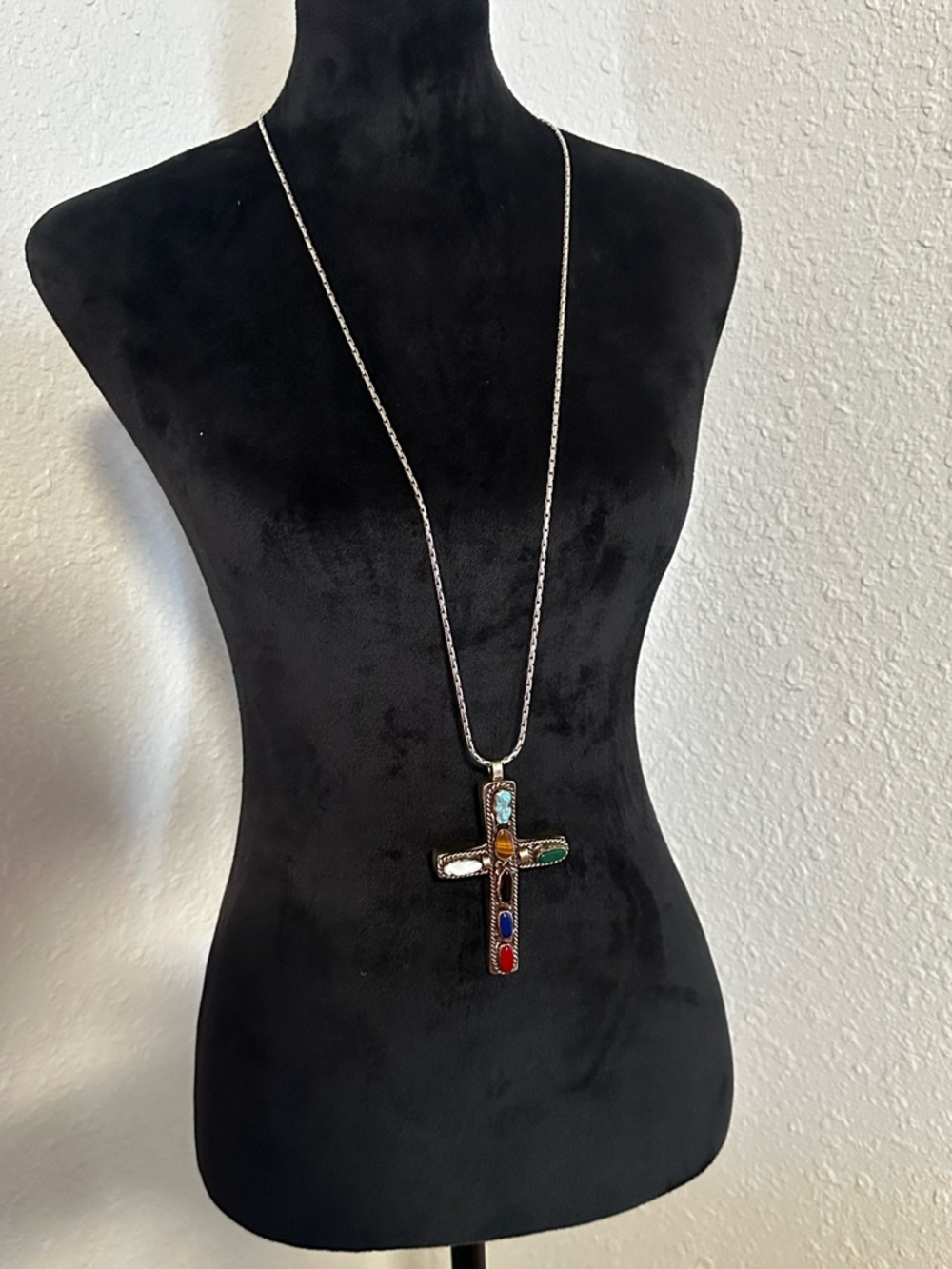 Vintage Sterling Silver Multicolor Stone Cross Pendant Necklace - Women Jewelry